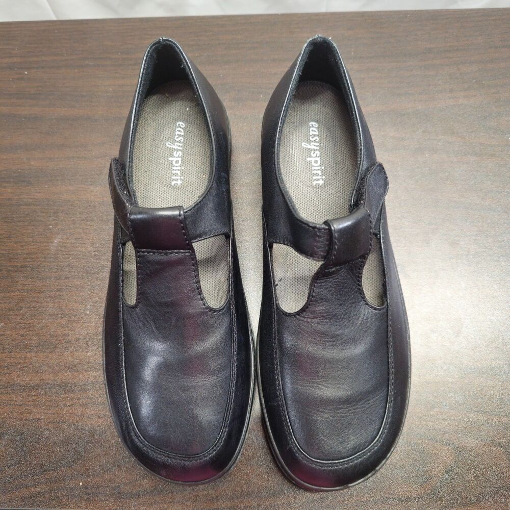 Easy Spirit Shoes Womens 8.5M Black Mary Jane Leather Comfort Hook & Loop Strap